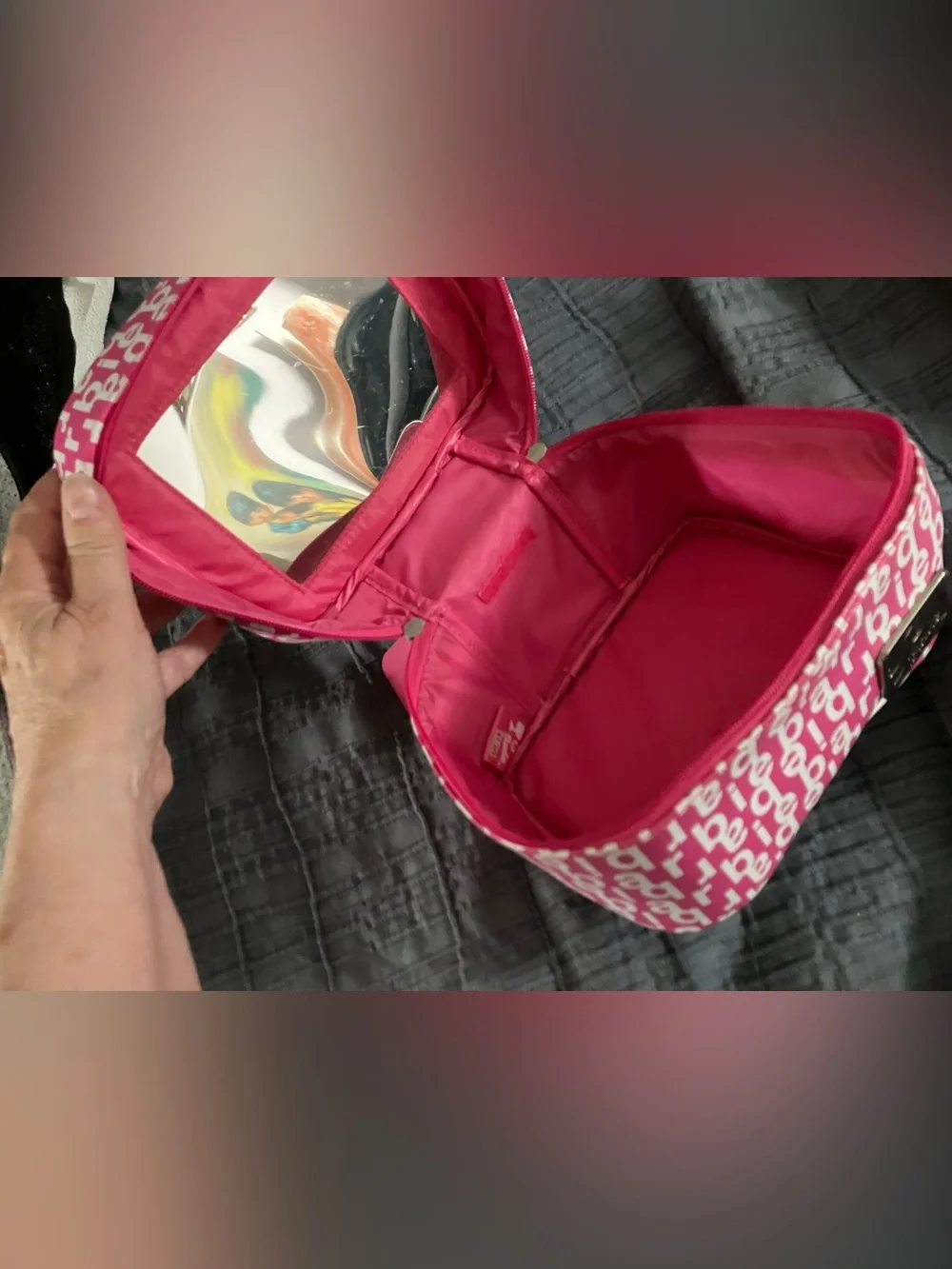 Vintage Barbie make-up bag 9”x7”x6” Pink/White barbie tags zips to close